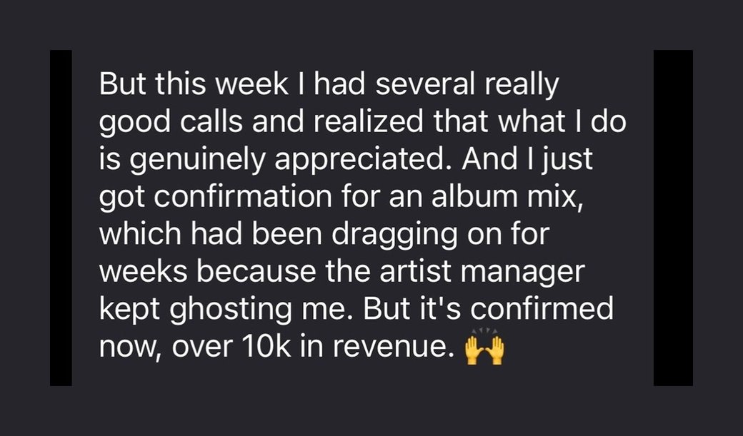 Text message: album mix confirmed after weeks of waiting, over $10k in revenue