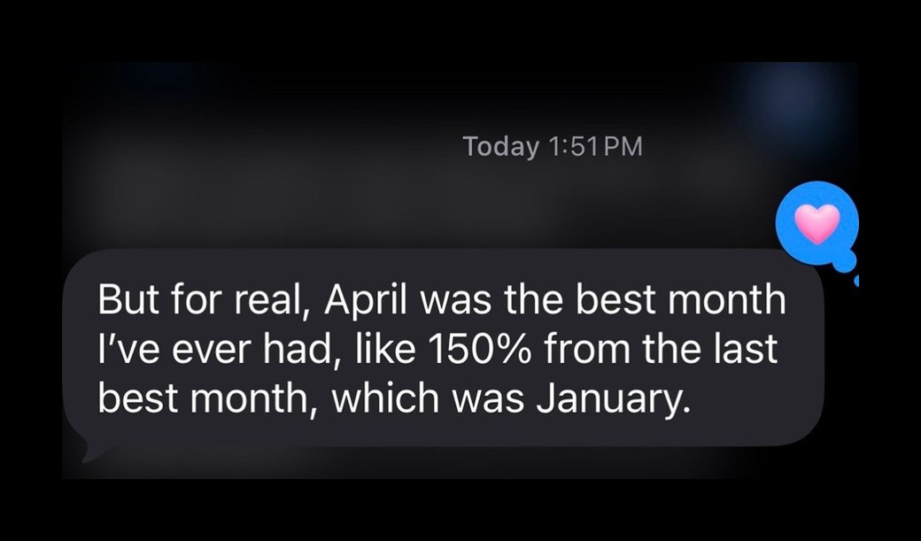 Text message: April was the best month ever, about 150% of the last best month