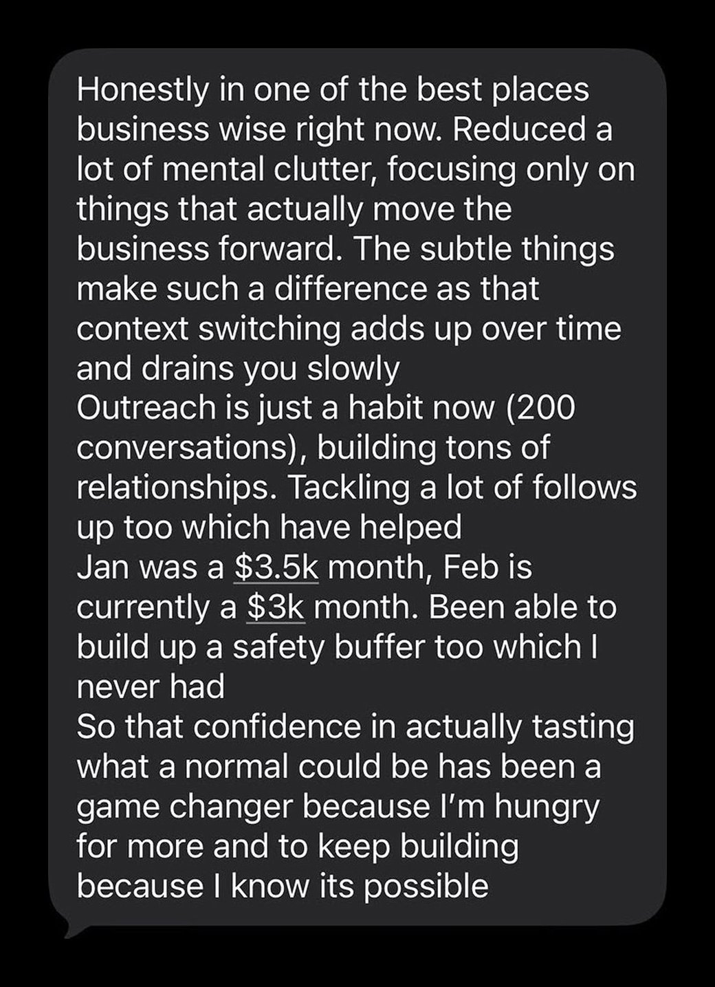 Text message: outreach is a habit now, 200 conversations, a $3.5k month and a safety buffer